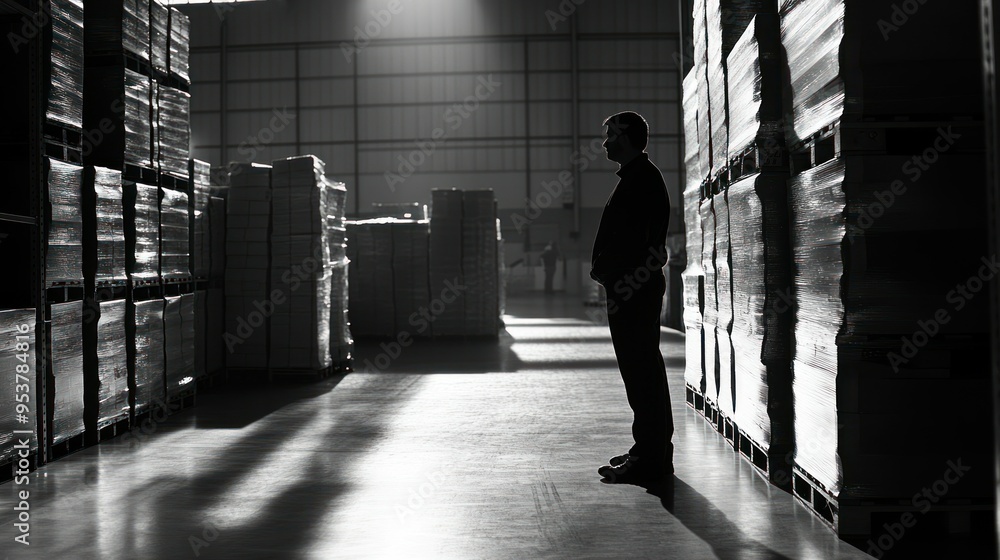 Poster silhouette of a man standing in a warehouse with pallets of cardboard boxes