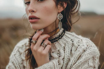 Model showcases boho jewelry with ethnic stone rings and earrings.