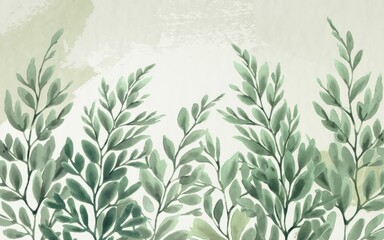 Naklejka premium Watercolor green foliage. Artistic watercolor painting of green foliage, featuring delicate leaves and branches. This image conveys serenity and growth.