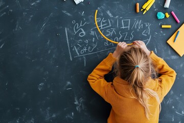A young child is engrossed in solving math problems on a chalkboard covered with various equations, depicting a scene of learning, education, and intellectual curiosity.