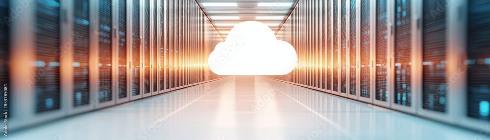 Poster a modern data center corridor with glowing lights leading to a cloud, representing cloud computing a