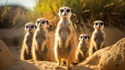 Fototapeta premium A group of meerkats standing alert in their zoo exhibit, with a sandy terrain.