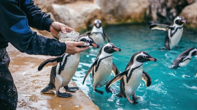 A zookeeper feeding penguins fish at the zoo.