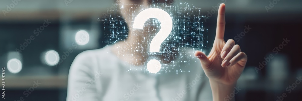 Poster person interacting with a digital question mark on a futuristic screen, with a blurred cityscape in 