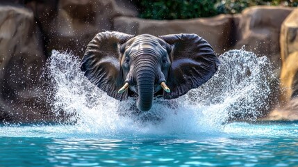 An elephant splashing water over itself in a zoo pool, with its large ears flapping.