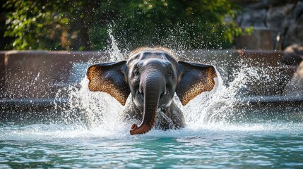 An elephant splashing water over itself in a zoo pool, with its large ears flapping.