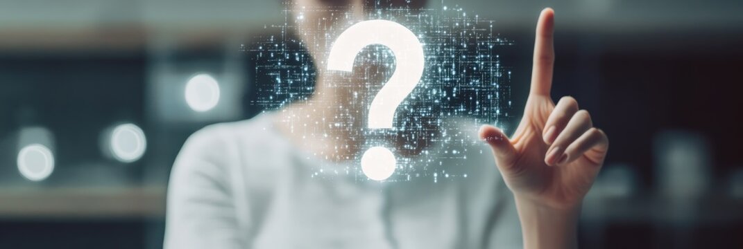Person interacting with a digital question mark on a futuristic screen, with a blurred cityscape in the background. Represents inquiry and innovation.