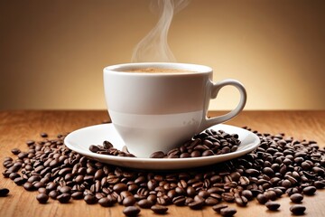 there is a cup of coffee on a saucer with coffee beans                         