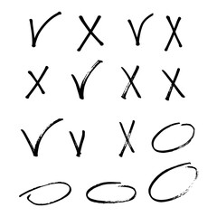Hand drawn black charcoal symbols for hand drawn diagrams. Vector doodle marker drawing. Freehand different curved arrows, swirls, crosses, circles and check