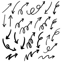 Group of chalked arrows and frames. Hand drawn black charcoal symbols for hand drawn diagrams. Vector doodle marker drawing. Freehand different curved arrows, swirls, cross