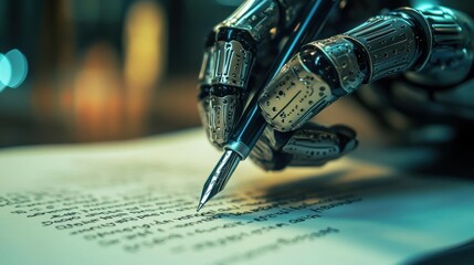 ChatGPT bot writing on paper with a pen, symbolizing AI's ability to generate text. Ideal for tech themes. Copy text space provided.