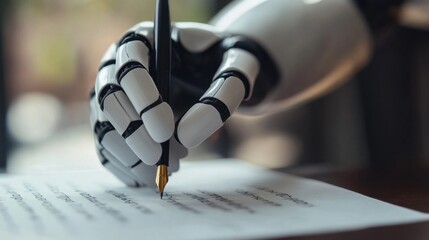 ChatGPT bot writing on paper with a pen, symbolizing AI's ability to generate text. Ideal for tech themes. Copy text space provided.