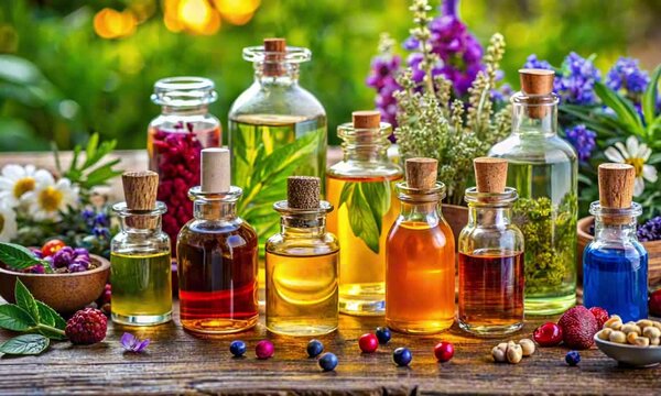 Colorful bottles of essential oils and herbs for aromatherapy and natural medicine