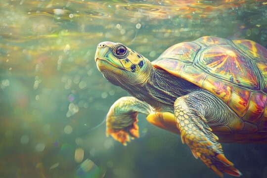 A turtle swimming underwater with a blurred background