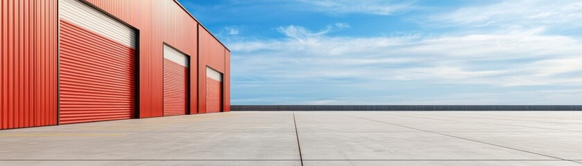 A modern industrial building with red walls and a clear blue sky, featuring spacious pavement for various activities and use.