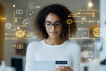 A young professional woman with curly hair and glasses is using a tablet, with digital graphics overlayed around her, representing technology, innovation, and modern communication.