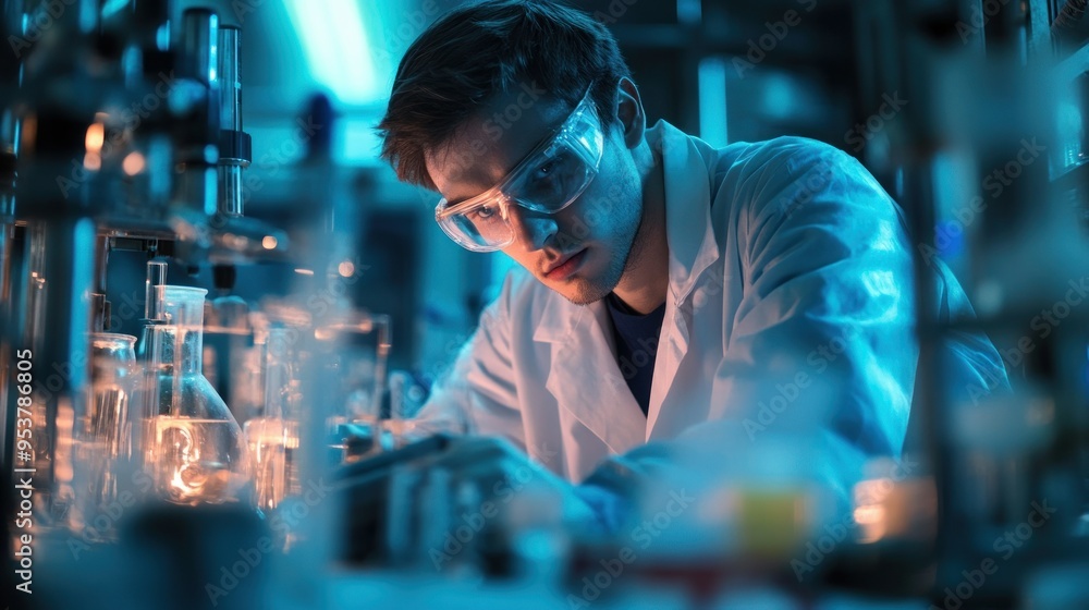 Poster A Focused Scientist in a Laboratory Setting, Examining a Flask