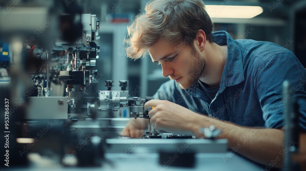 Poster a young man working on complex machinery in a factory setting