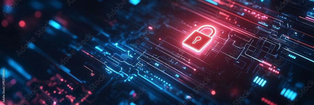 Poster Neon lock icon on a digital circuit board background with futuristic blue and red tones. Concept of network security and encrypted data protection.