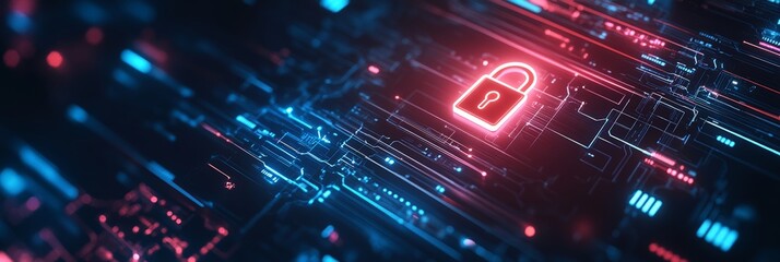 Fototapeta premium Neon lock icon on a digital circuit board background with futuristic blue and red tones. Concept of network security and encrypted data protection.