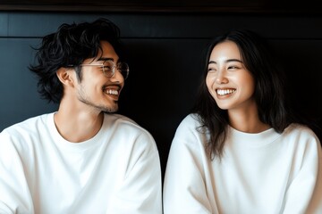 A couple sits together, smiling at each other in a cozy setting, symbolizing happiness, love, and mutual affection, reflecting a heartwarming and candid moment.