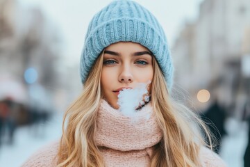 A woman wearing a warm pink sweater and a blue beanie on a winter day, breathing out visible vapor while standing outdoors in a snowy and blurred background.