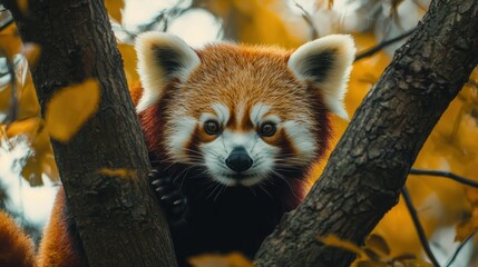 Fototapeta premium A close-up of a red panda in Chester Zoo, climbing through the trees of its habitat.
