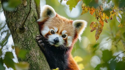 A close-up of a red panda in Chester Zoo, climbing through the trees of its habitat.