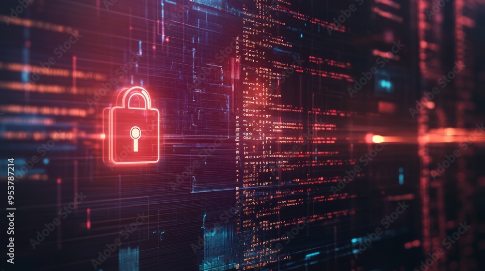 Poster Red neon lock icon over a digital matrix with encrypted data. Emphasizes cyber security and protection.