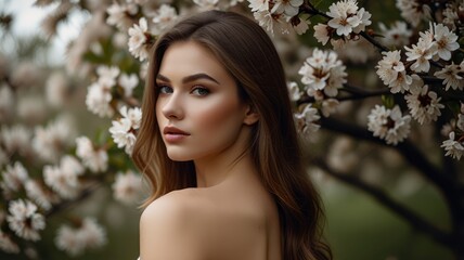 Exquisite woman with perfect skin near flowering tree