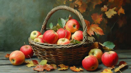 A basket of apples with leaves 