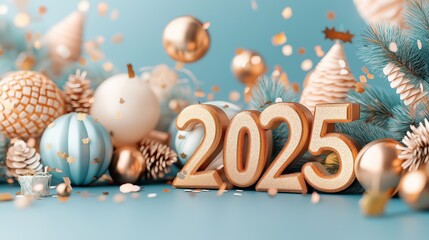 Golden 2025 numbers with festive Christmas decorations on blue background. Elegant holiday celebration concept.
