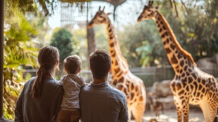 A family watching a group of giraffes in a zoo enclosure, with the animals towering above them.