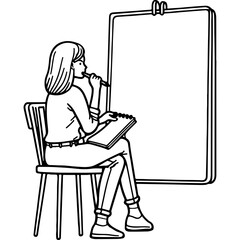 Woman Thinking and Drawing.