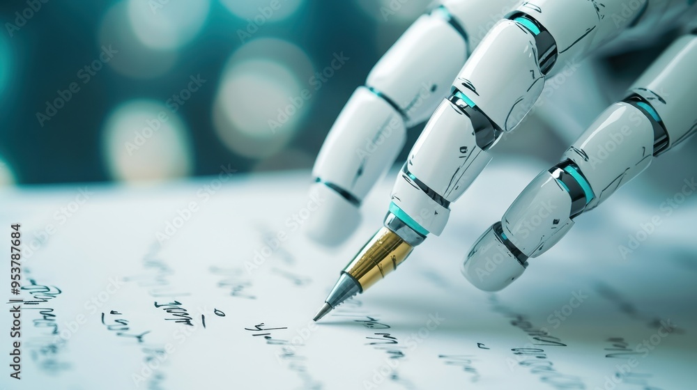 Poster bot-powered writing: chatgpt depicted with a pen on paper, highlighting ai's creative process. copy 
