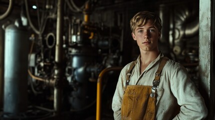 Young Man in Work Clothes Standing in a Factory