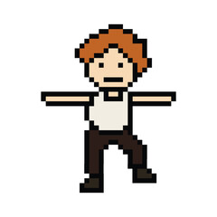 Cute pixel cartoon 8bit character man exercises training dance lifestyle music decoration life style 8 bit male boy dance with music game fitness isolated PNG vector.