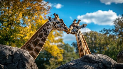 Fototapeta premium A pair of giraffes playfully nudging each other in a zoo, with a backdrop of trees and blue sky.