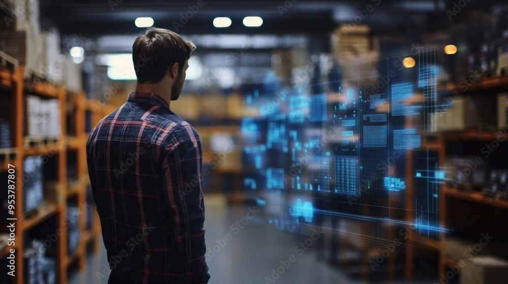 Poster man in plaid shirt facing digital interface in a warehouse setting