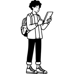 Young Man With Backpack Using Tablet.