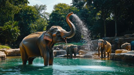A majestic elephant spraying water from its trunk in a zoo pool, with other elephants nearby. © sambath