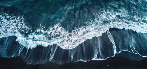 Aerial View of Waves Crashing on Black Sand Beach