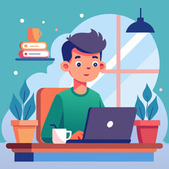 a boy is working remotely