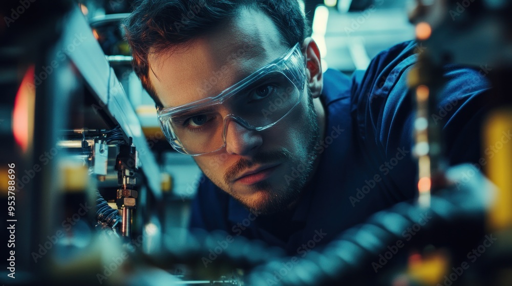 Poster close-up of a man in safety glasses working on a machine