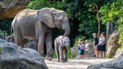 Fototapeta premium A baby elephant walking alongside its mother in a zoo, with visitors watching in awe.