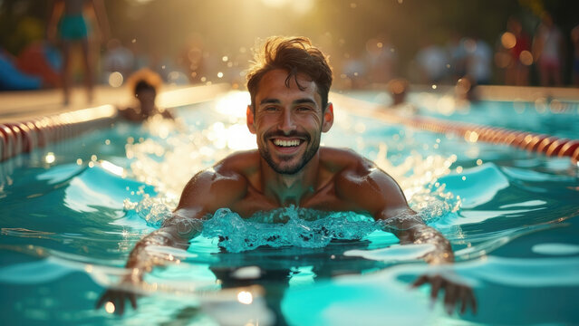 A man swimming in a pool, smiling widely under the glowing sunlight, radiates joy, vitality, and the refreshing exuberance of swimming and outdoor activity.