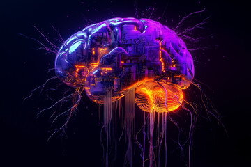 Brain Composed of Circuit Boards and LED Lights with Purple Glow on Black Background