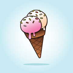 Melting two scoop ice cream balls with sprinkles in the waffle cone. food vector flat design illustration cartoon