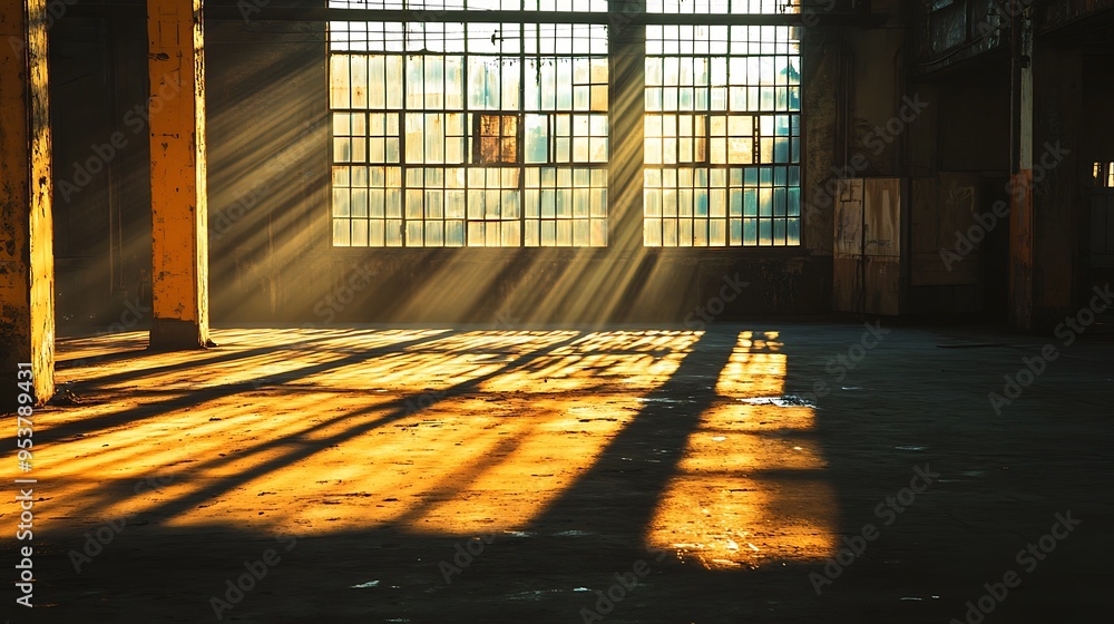 Poster sunlight streaming through windows in an abandoned factory