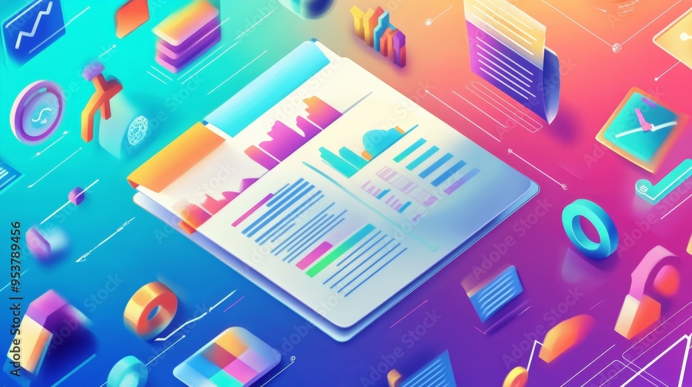 Poster colorful 3d illustration of financial documents with charts, graphs, and data floating in a digital 